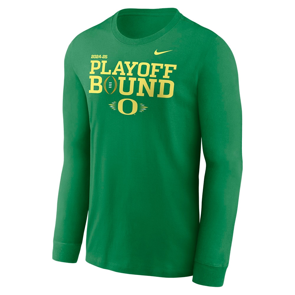 Classic Oregon O, Nike, Green, Long Sleeve, Men, Unisex, Football, Postseason, Round 1, Playoff Bound, T-Shirt, 913861